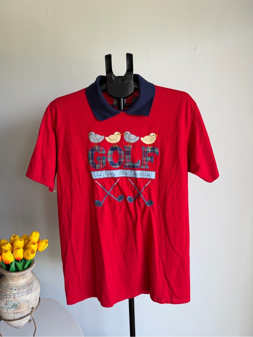 Folk Red Polo with Navy Collar and Golf Appliqué